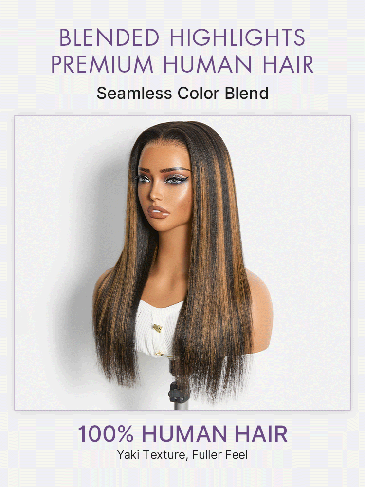 Halo Hair Style All-Day Comfort Black with Honey Blonde Highlights Yaki Straight 7x6 Closure HD Lace Glueless Wig Pre-Cut Lace