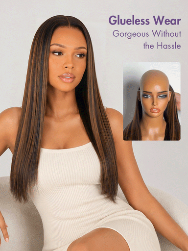Halo Hair Style All-Day Comfort Black with Honey Blonde Highlights Yaki Straight 7x6 Closure HD Lace Glueless Wig Pre-Cut Lace
