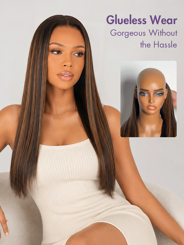 Halo Hair Style All-Day Comfort Black with Honey Blonde Highlights Yaki Straight 7x6 Closure HD Lace Glueless Wig Pre-Cut Lace