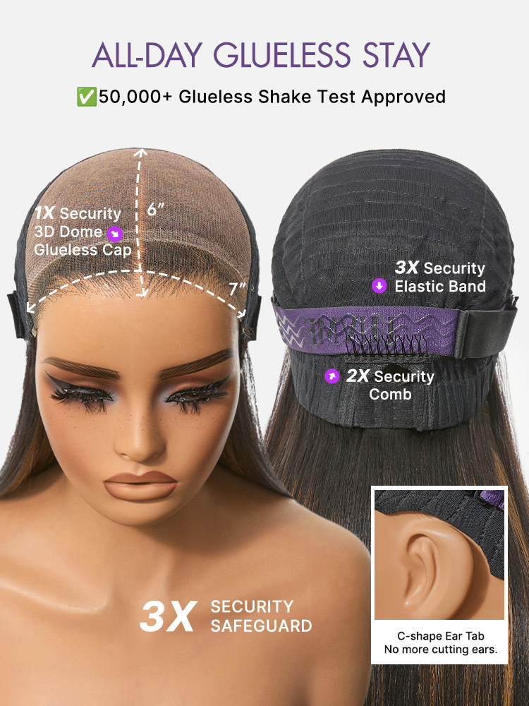 Halo Hair Style All-Day Comfort Black with Honey Blonde Highlights Yaki Straight 7x6 Closure HD Lace Glueless Wig Pre-Cut Lace