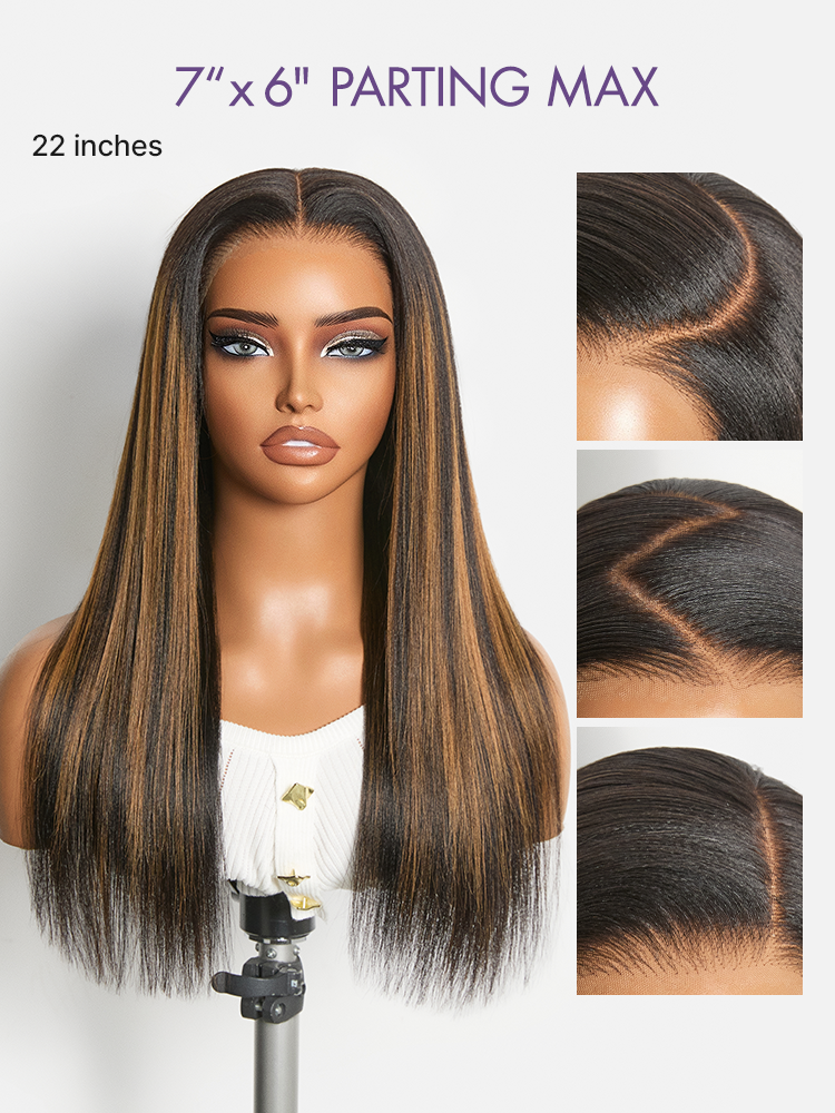 Halo Hair Style All-Day Comfort Black with Honey Blonde Highlights Yaki Straight 7x6 Closure HD Lace Glueless Wig Pre-Cut Lace