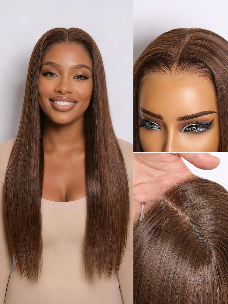 Rich Chocolate Brown Silky Straight 180% Density Glueless 13x4 Lace Frontal Wig Pre-Cut Lace