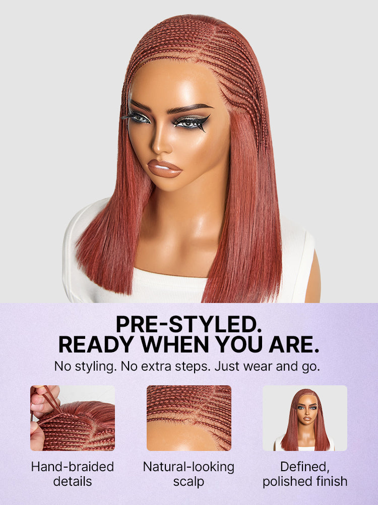 Trendy Copper Red Fulani Braids Straight 13x4 Frontal Lace Bob Wig Pre-cut Lace Drawstring Cap - US Only