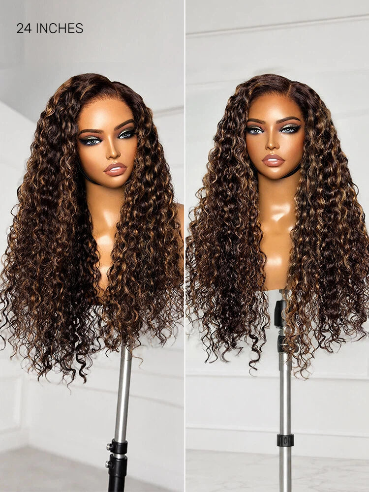 Melted Hair All-Day Comfort™ Wig PartingMax Brown Highlights Funmi Curly 7x6 Closure HD Lace Glueless Wig Pre Cut Lace