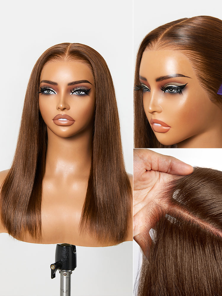 Rich Chocolate Brown Silky Straight 180% Density Glueless 13x4 Lace Frontal Wig with Pre-Cut Lace Drawstring Cap