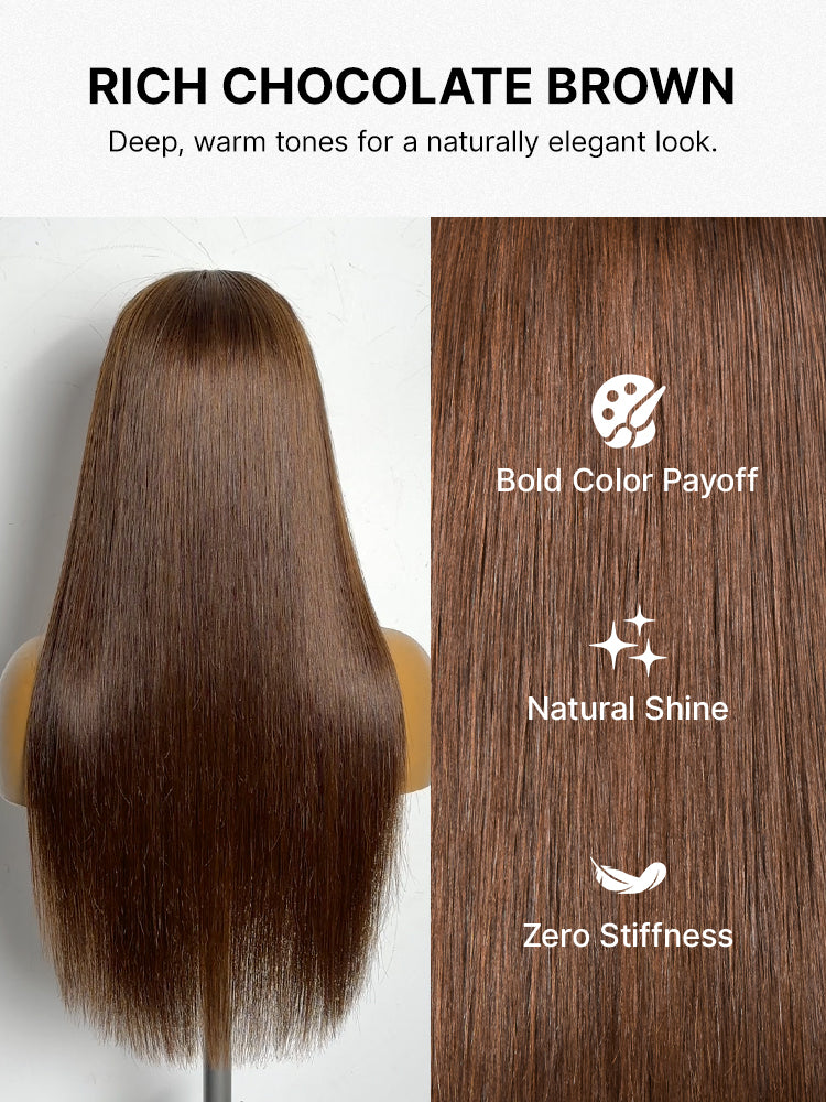 Rich Chocolate Brown Silky Straight 180% Density Glueless 13x4 Lace Frontal Wig with Pre-Cut Lace Drawstring Cap