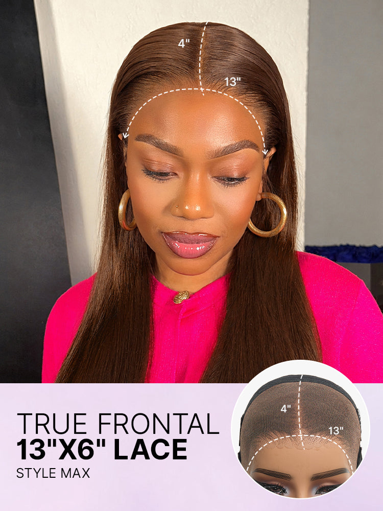 Rich Chocolate Brown Silky Straight 180% Density Glueless 13x4 Lace Frontal Wig with Pre-Cut Lace Drawstring Cap