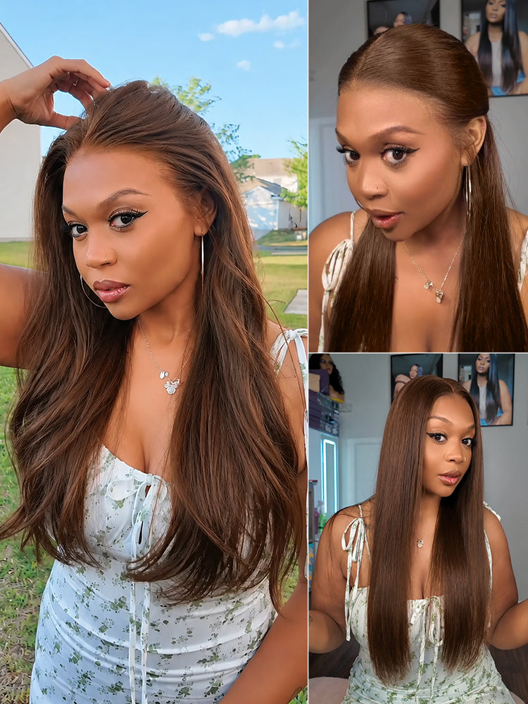 Rich Chocolate Brown Silky Straight 180% Density Glueless 13x4 Lace Frontal Wig with Pre-Cut Lace Drawstring Cap