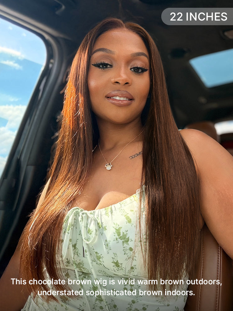Rich Chocolate Brown Silky Straight 180% Density Glueless 13x4 Lace Frontal Wig with Pre-Cut Lace Drawstring Cap