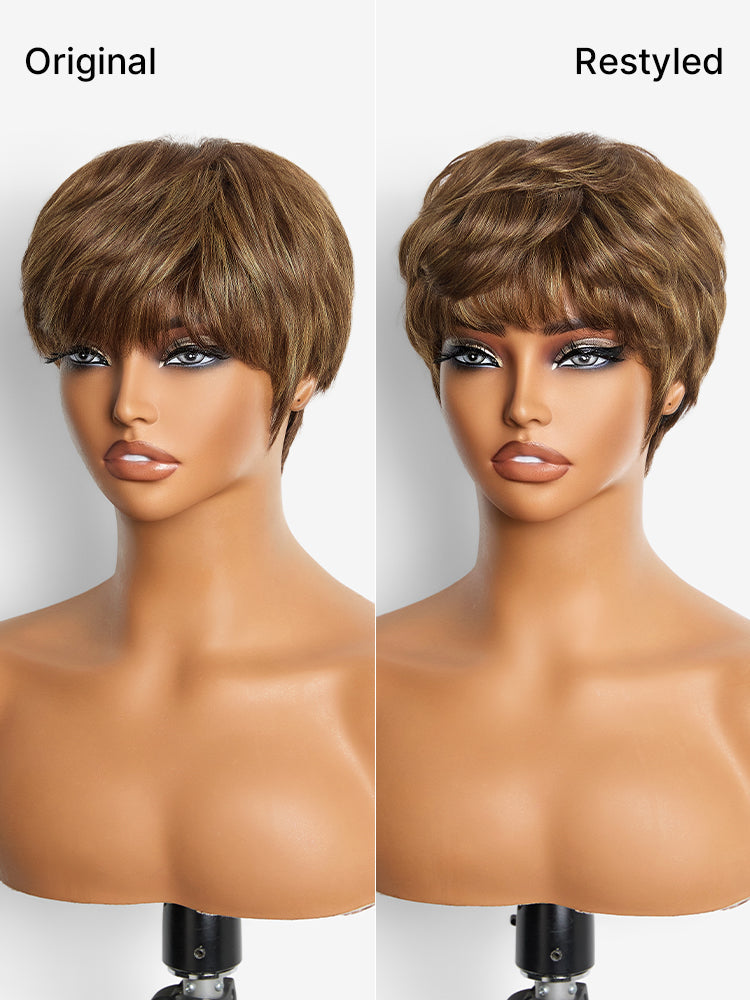 Throw On & Go Light Blonde Short Pixie Cut with Bangs Wig Ultra Comfort Skin-Like Soft Care Glueless Wig