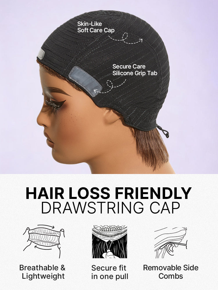 Throw On & Go Light Blonde Short Pixie Cut with Bangs Wig Ultra Comfort Skin-Like Soft Care Glueless Wig