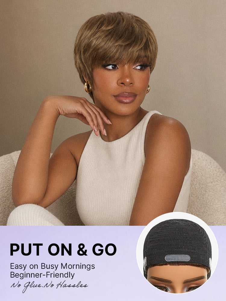 Throw On & Go Light Blonde Short Pixie Cut with Bangs Wig Ultra Comfort Skin-Like Soft Care Glueless Wig