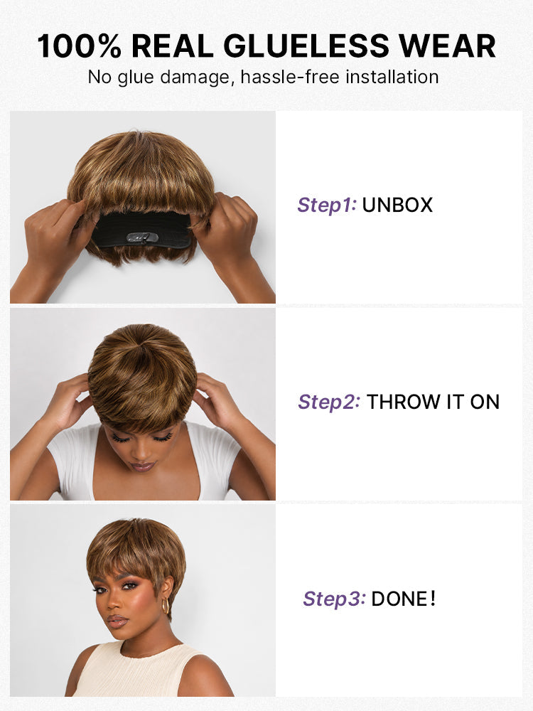 Throw On & Go Light Blonde Short Pixie Cut with Bangs Wig Ultra Comfort Skin-Like Soft Care Glueless Wig