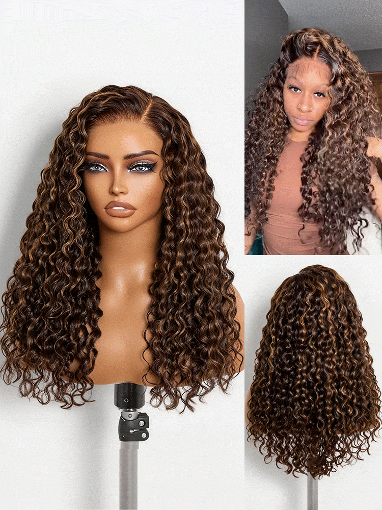 Melted Hair All-Day Comfort™ Wig PartingMax Brown Highlights Funmi Curly 7x6 Closure HD Lace Glueless Wig Pre Cut Lace