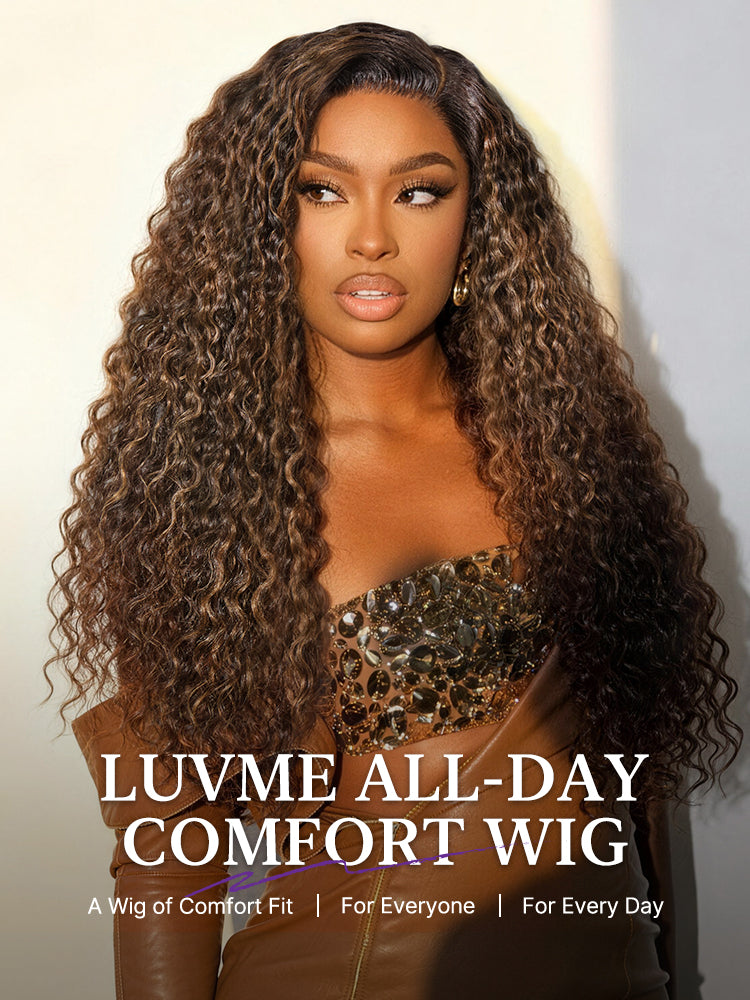 Melted Hair All-Day Comfort™ Wig PartingMax Brown Highlights Funmi Curly 7x6 Closure HD Lace Glueless Wig Pre Cut Lace-113