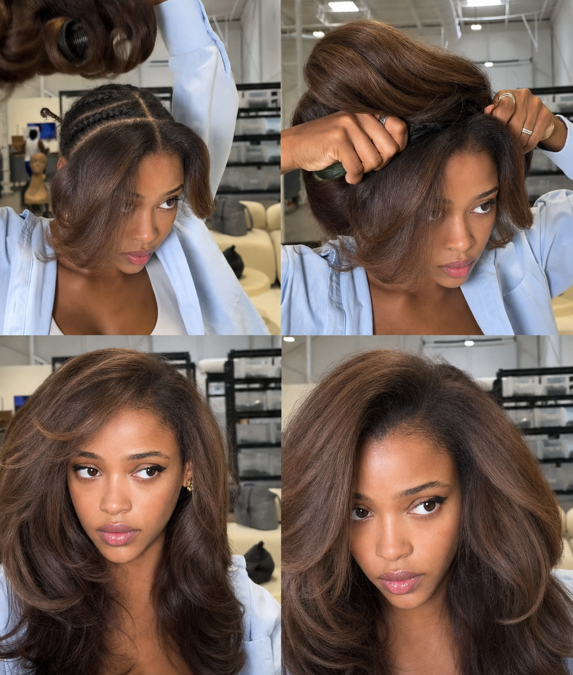 Melted Hair Chestnut Brown With Honey Blonde Highlights Yaki Body Wave Layer Cut half Wig