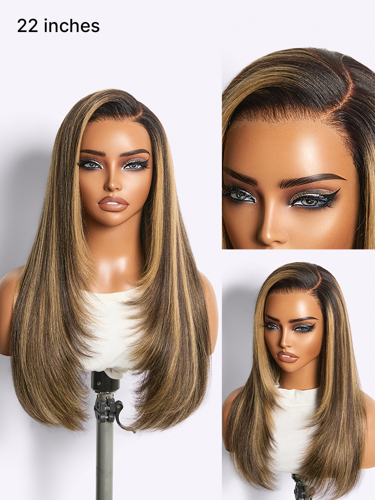 Melted Hair All-Day Comfort Wig 180% Density Blonde Highlight Butterfly Cut Layered Light Yaki Straight Glueless 7x6 Closure HD Lace Wig Pre-Cut Lace