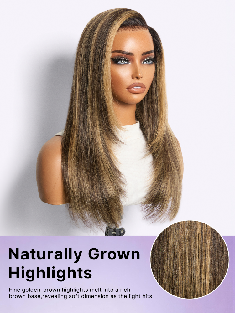 Melted Hair All-Day Comfort Wig 180% Density Blonde Highlight Butterfly Cut Layered Light Yaki Straight Glueless 7x6 Closure HD Lace Wig Pre-Cut Lace