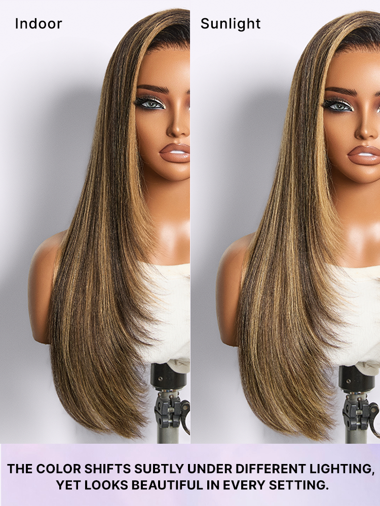 Melted Hair All-Day Comfort Wig 180% Density Blonde Highlight Butterfly Cut Layered Light Yaki Straight Glueless 7x6 Closure HD Lace Wig Pre-Cut Lace