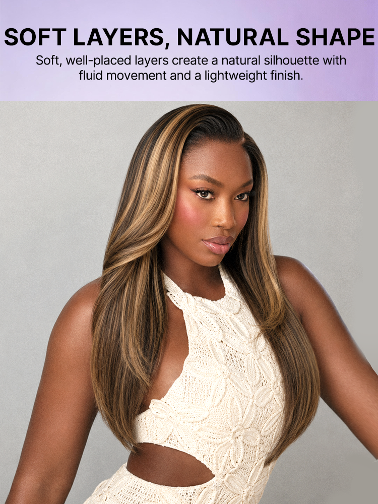 Melted Hair All-Day Comfort Wig 180% Density Blonde Highlight Butterfly Cut Layered Light Yaki Straight Glueless 7x6 Closure HD Lace Wig Pre-Cut Lace