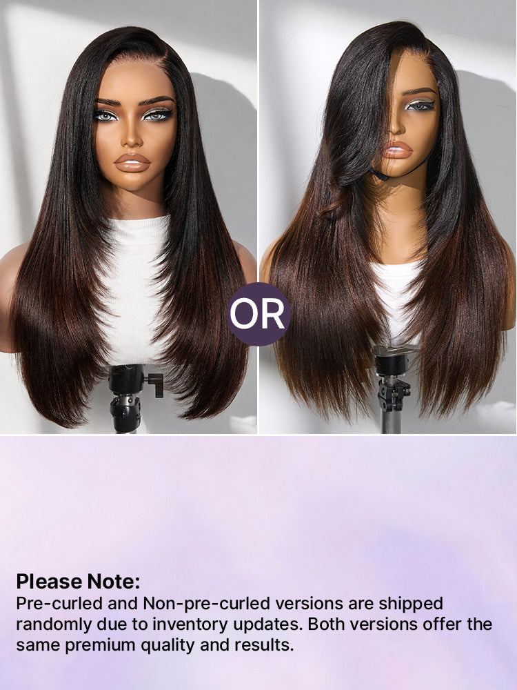 Melted Hair All-Day Comfort™ Wig 180% Density Ombre Brown Butterfly Cut Layered Light Yaki Straight Glueless 7x6 Closure HD Lace Human Hair Wig Pre-Cut Lace