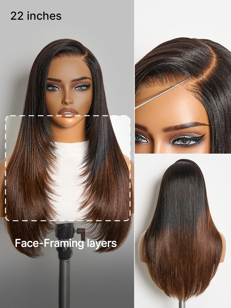 Melted Hair All-Day Comfort™ Wig 180% Density Ombre Brown Butterfly Cut Layered Light Yaki Straight Glueless 7x6 Closure HD Lace Human Hair Wig Pre-Cut Lace