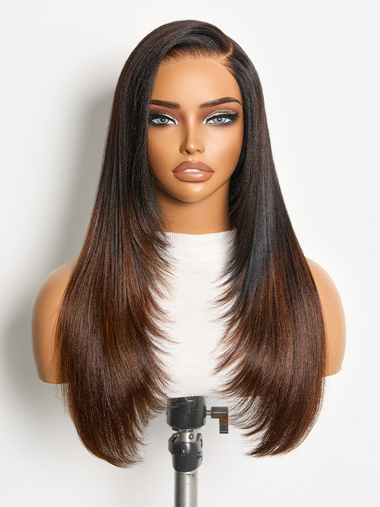 Melted Hair All-Day Comfort™ Wig 180% Density Ombre Brown Butterfly Cut Layered Light Yaki Straight Glueless 7x6 Closure HD Lace Human Hair Wig Pre-Cut Lace