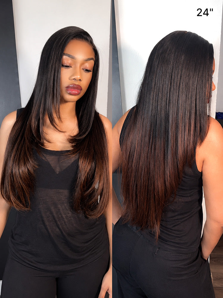 Melted Hair All-Day Comfort™ Wig 180% Density Ombre Brown Butterfly Cut Layered Light Yaki Straight Glueless 7x6 Closure HD Lace Human Hair Wig Pre-Cut Lace