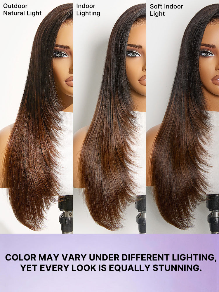 Melted Hair All-Day Comfort™ Wig 180% Density Ombre Brown Butterfly Cut Layered Light Yaki Straight Glueless 7x6 Closure HD Lace Human Hair Wig Pre-Cut Lace
