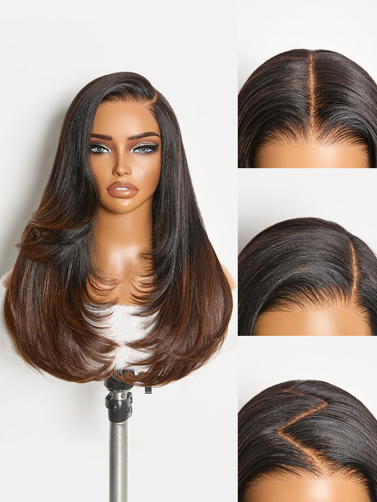 Melted Hair All-Day Comfort™ Wig 180% Density Ombre Brown Butterfly Cut Layered Light Yaki Straight Glueless 7x6 Closure HD Lace Human Hair Wig Pre-Cut Lace