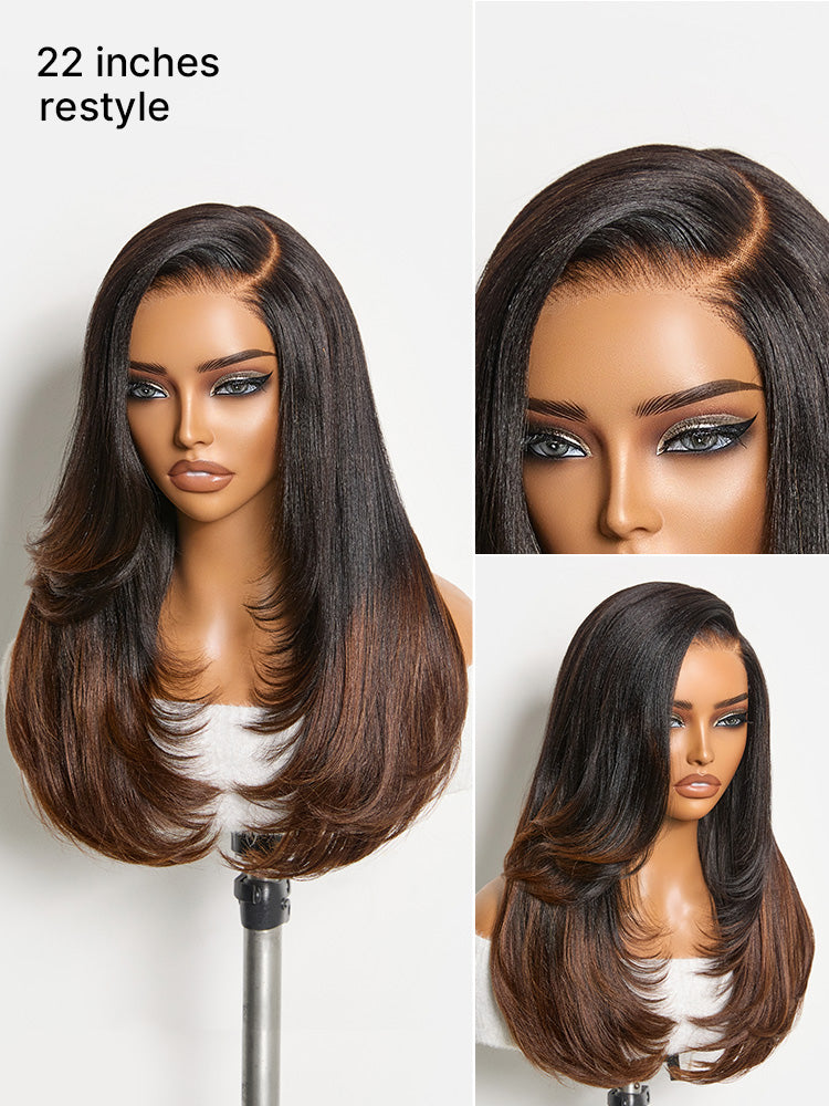 Melted Hair All-Day Comfort™ Wig 180% Density Ombre Brown Butterfly Cut Layered Light Yaki Straight Glueless 7x6 Closure HD Lace Human Hair Wig Pre-Cut Lace
