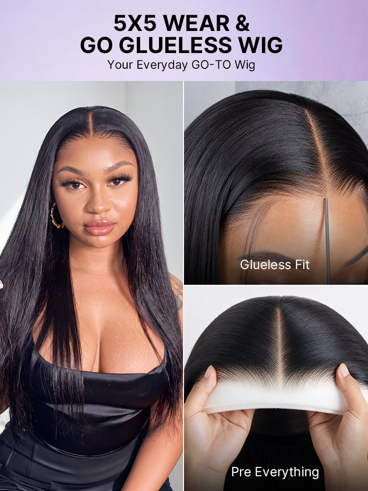 All Day Comfort Cap Silky Straight Middle Part Glueless 5x5 Closure Lace Long Wig Pre-Cut Lace