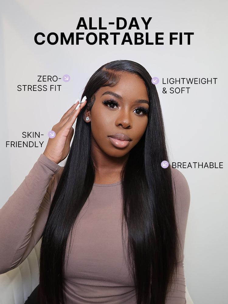 All Day Comfort Cap Silky Straight Middle Part Glueless 5x5 Closure Lace Long Wig Pre-Cut Lace
