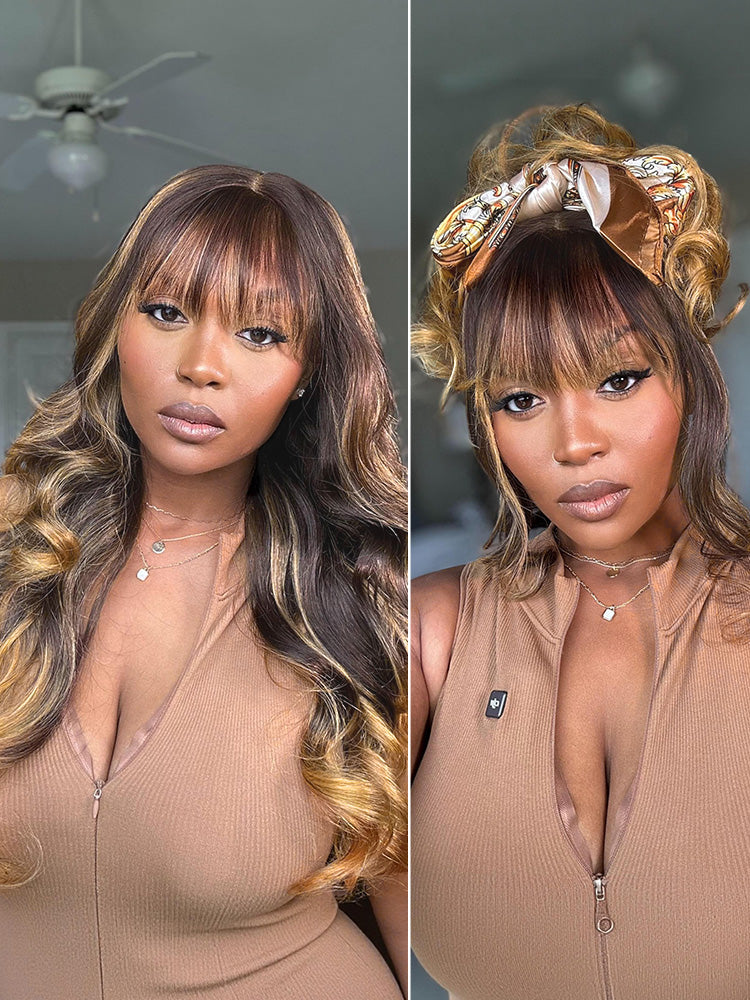 Melted Hair All-Day Comfort™ Wig 180% Density Ombre Blonde Highlight Loose Body Wave Glueless 7x6 Closure HD Lace Human Hair Wig with Bangs Pre-Cut Lace