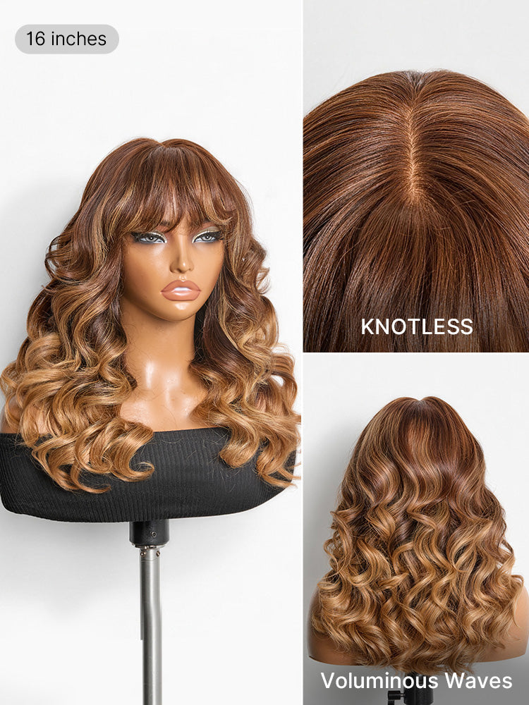 Melted Hair All-Day Comfort™ Wig 180% Density Ombre Blonde Highlight Loose Body Wave Glueless 7x6 Closure HD Lace Human Hair Wig with Bangs Pre-Cut Lace