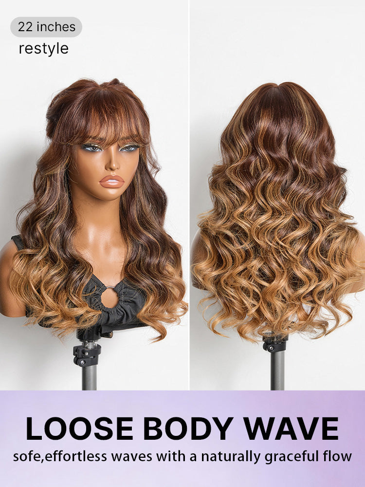 Melted Hair All-Day Comfort™ Wig 180% Density Ombre Blonde Highlight Loose Body Wave Glueless 7x6 Closure HD Lace Human Hair Wig with Bangs Pre-Cut Lace
