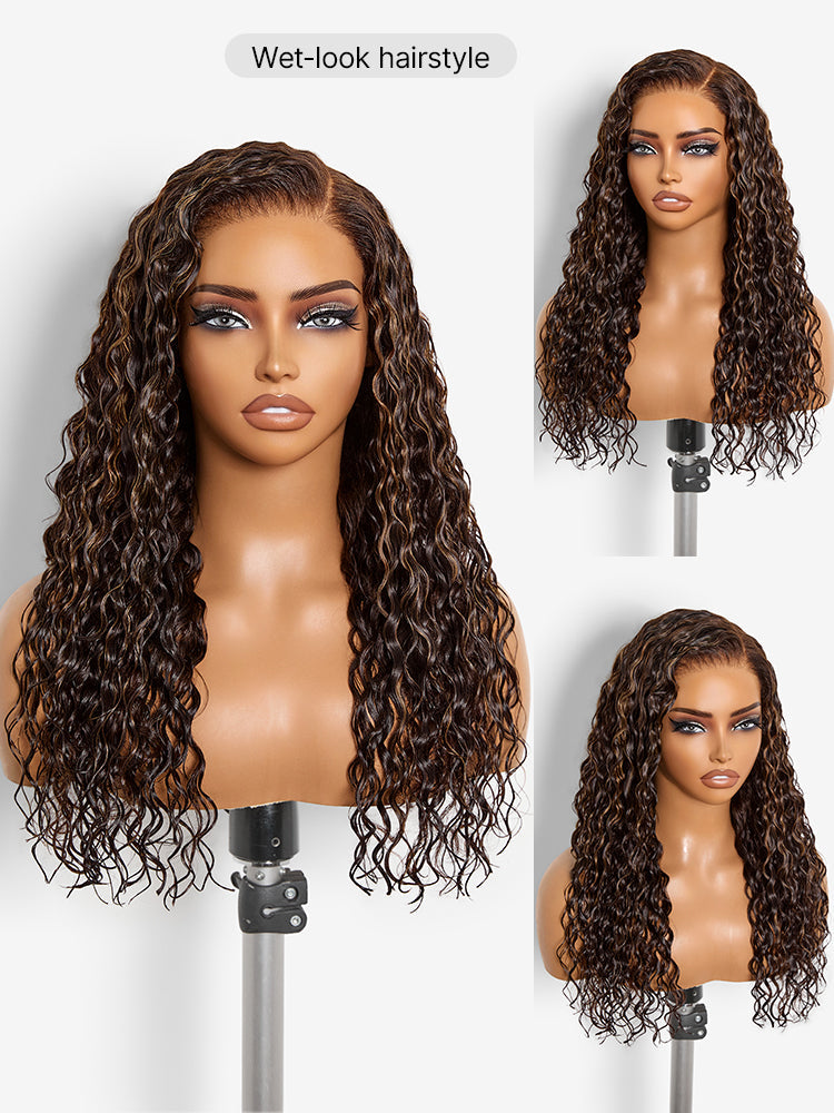 Melted Hair All-Day Comfort™ Wig PartingMax Brown Highlights Funmi Curly 7x6 Closure HD Lace Glueless Wig Pre Cut Lace