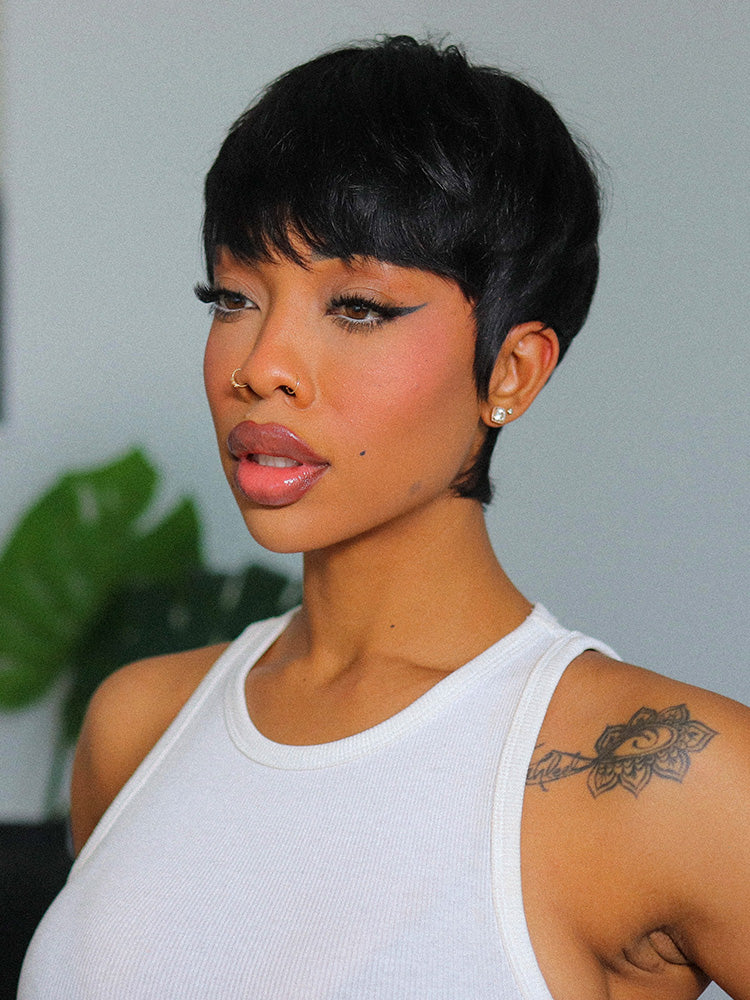 Throw On & Go Short Pixie Cut with Bangs Wig Ultra Comfort Skin-Like Soft Care Glueless Wig Hair Loss Friendly