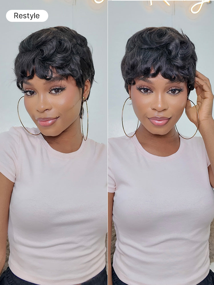 Throw On & Go Short Pixie Cut with Bangs Wig Ultra Comfort Skin-Like Soft Care Glueless Wig Hair Loss Friendly