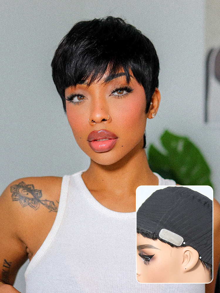 Throw On & Go Short Pixie Cut with Bangs Wig Ultra Comfort Skin-Like Soft Care Glueless Wig Hair Loss Friendly