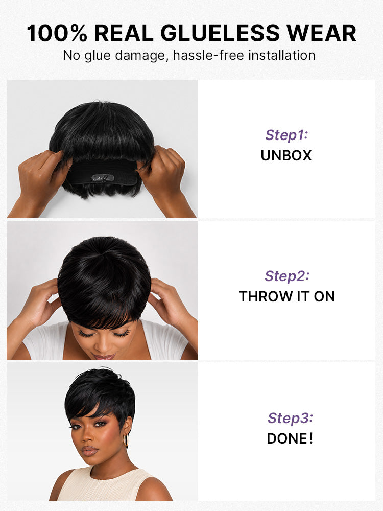 Throw On & Go Short Pixie Cut with Bangs Wig Ultra Comfort Skin-Like Soft Care Glueless Wig Hair Loss Friendly