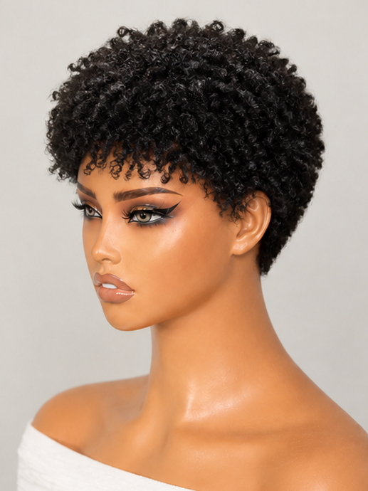 30-Second Throw On & Go Pixie Cut Wig with Bangs Tight Kinky Curly Natural Black No Lace No Glue Itchy-Free Beginner Friendly