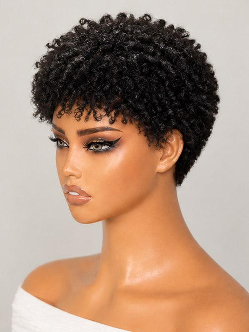 30-Second Throw On & Go Pixie Cut Wig with Bangs Tight Kinky Curly Natural Black No Lace No Glue Itchy-Free Beginner Friendly