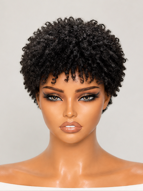 30-Second Throw On & Go Pixie Cut Wig with Bangs Tight Kinky Curly Natural Black No Lace No Glue Itchy-Free Beginner Friendly