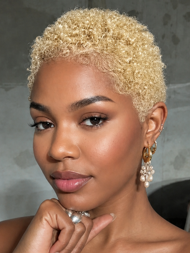 Ultra-Short Tight Afro Kinky Curly Blonde Pixie Cut Full Lace Human Hair Wig