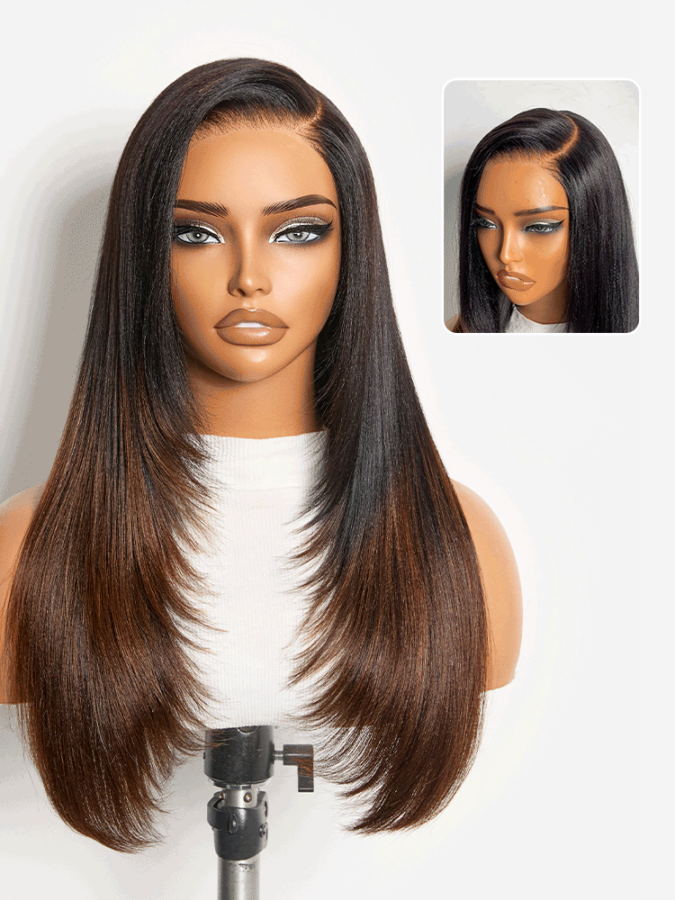 Melted Hair All-Day Comfort™ Wig 180% Density Butterfly Cut Layered Light Yaki Straight Glueless 7x6 Closure HD Lace Human Hair Wig Pre-Cut Lace