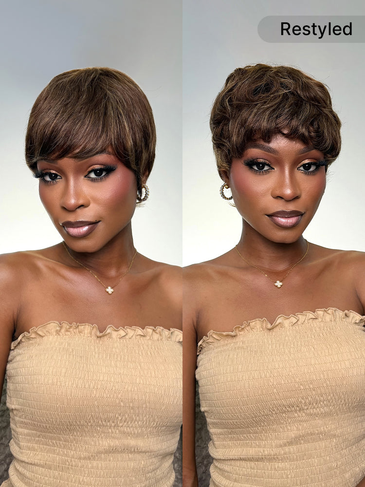 Throw On & Go Light Blonde Short Pixie Cut with Bangs Wig Ultra Comfort Skin-Like Soft Care Glueless Wig