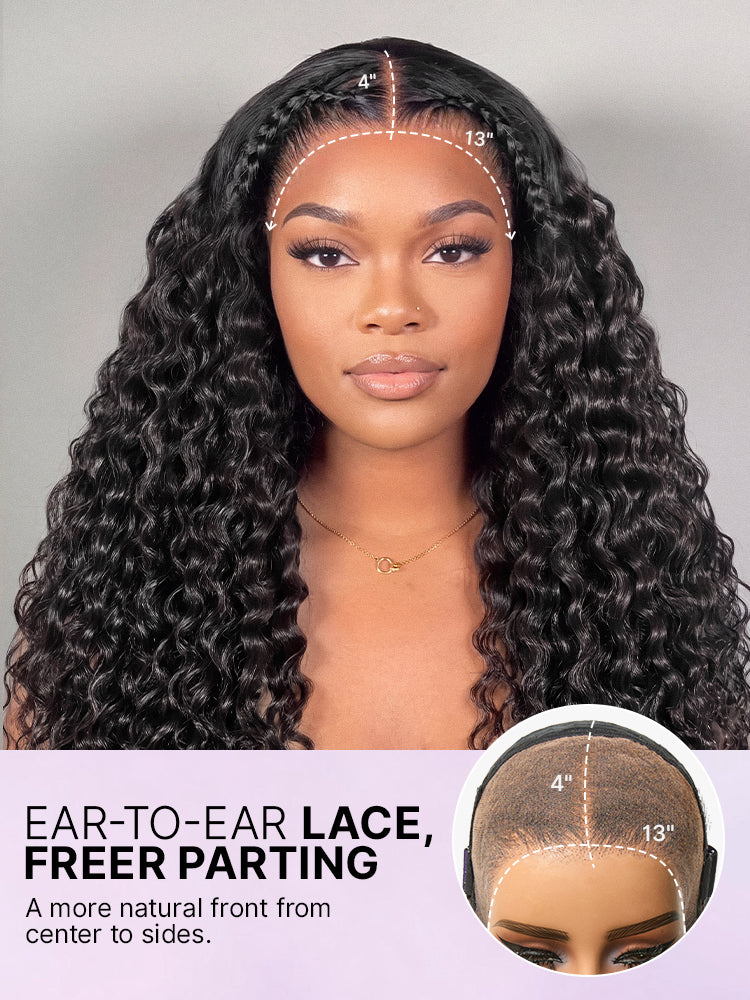 PreMax 180% Density Water Wave Glueless Flexi-Fit Drawstring 13x4 Frontal Lace Fluffy Curly Pre-Cut Lace Wig, 360-Like Design Allows Ponytail & Updo