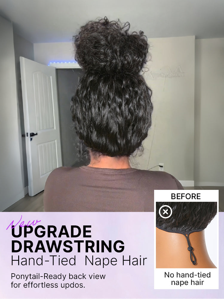 PreMax 180% Density Water Wave Glueless Flexi-Fit Drawstring 13x4 Frontal Lace Fluffy Curly Pre-Cut Lace Wig, 360-Like Design Allows Ponytail & Updo