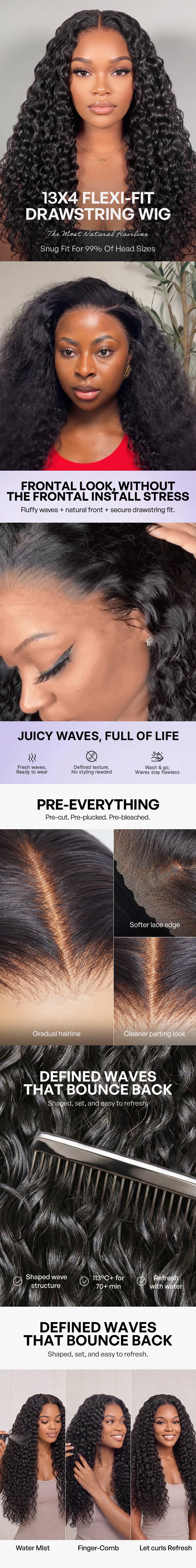 PreMax 180% Density Water Wave Glueless Flexi-Fit Drawstring 13x4 Frontal Lace Fluffy Curly Pre-Cut Lace Wig, 360-Like Design Allows Ponytail & Updo-27